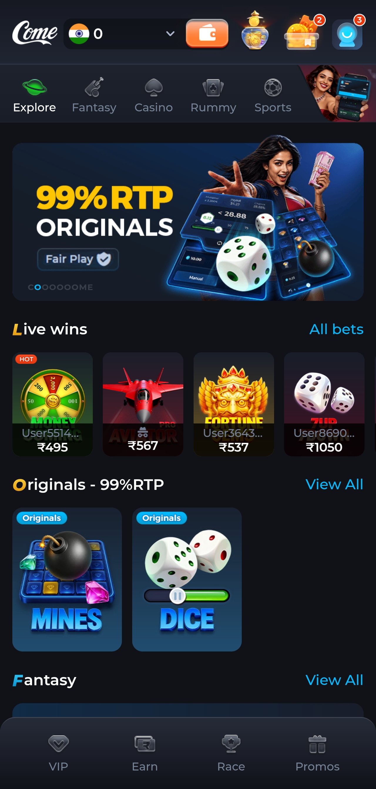 ComeGame app lobby with live wins and slot categories