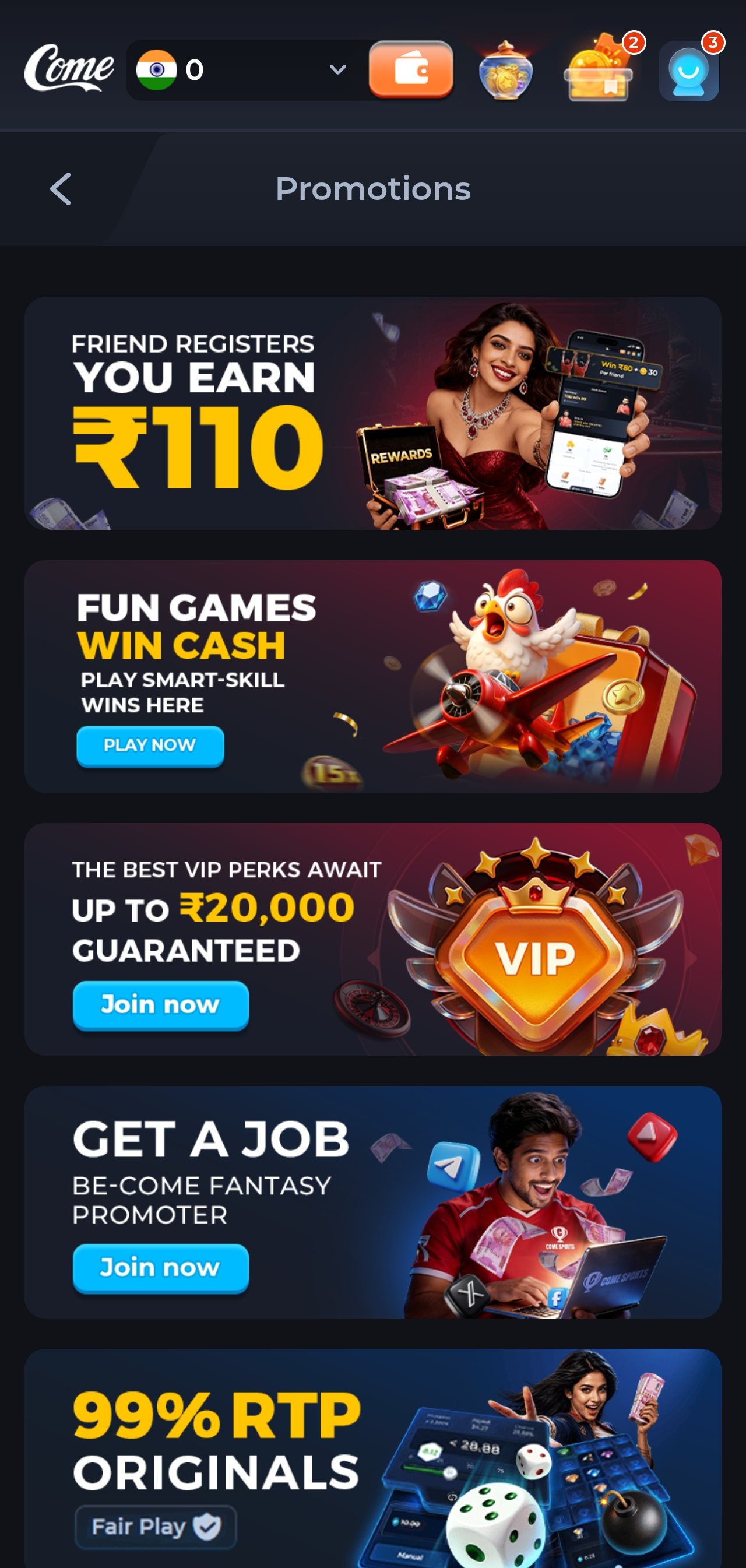ComeGame app account and rewards screen