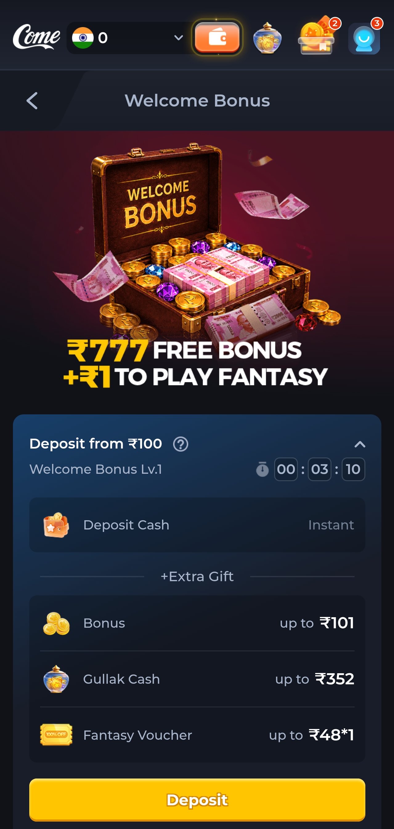 ComeGame app slot game running in portrait mode