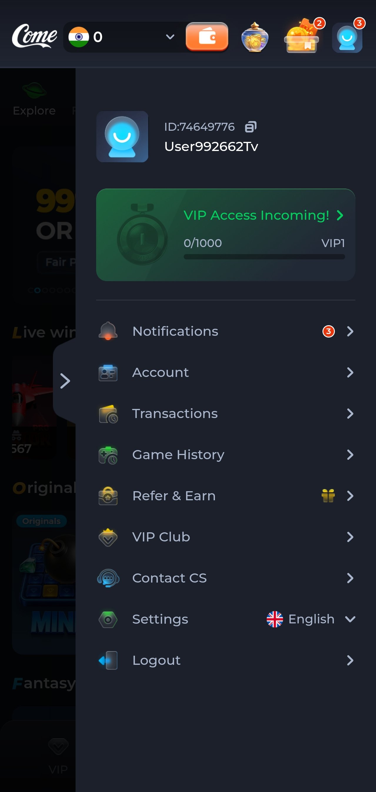 ComeGame app account settings and player controls